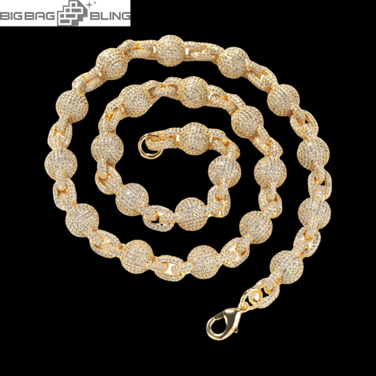 10mm iced out ball and link Cuban chain in white gold, premium hip hop jewelry with free shipping on $60 orders.