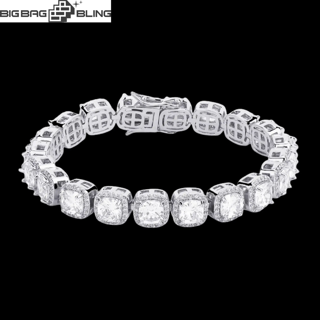 10mm iced out square bracelet crafted from sterling silver with Moissanite stones, perfect for hip-hop fashion enthusiasts.
