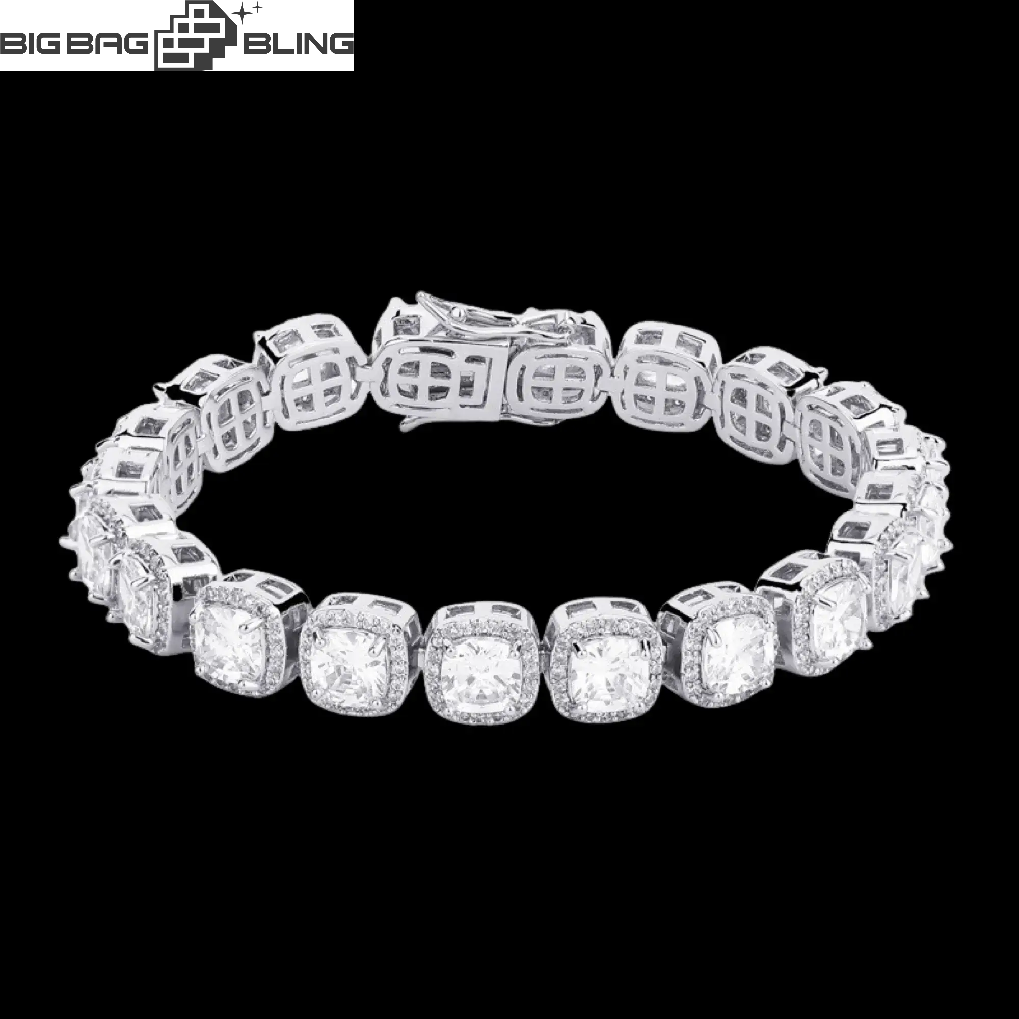 10mm iced out square bracelet crafted from sterling silver with Moissanite stones, perfect for hip-hop fashion enthusiasts.