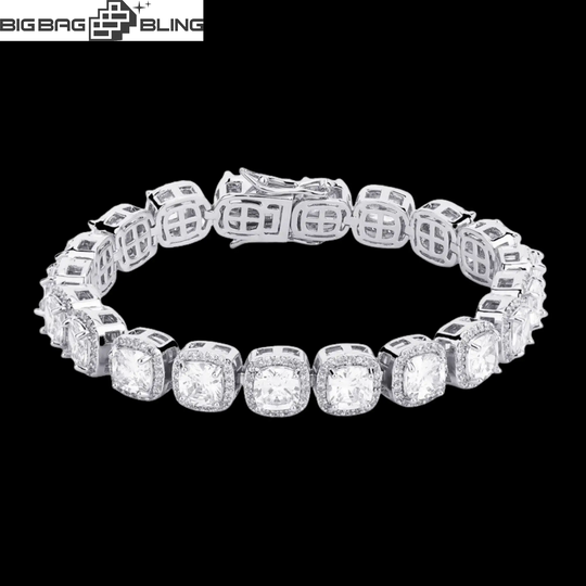 10mm iced out square bracelet crafted from sterling silver with Moissanite stones, perfect for hip-hop fashion enthusiasts.