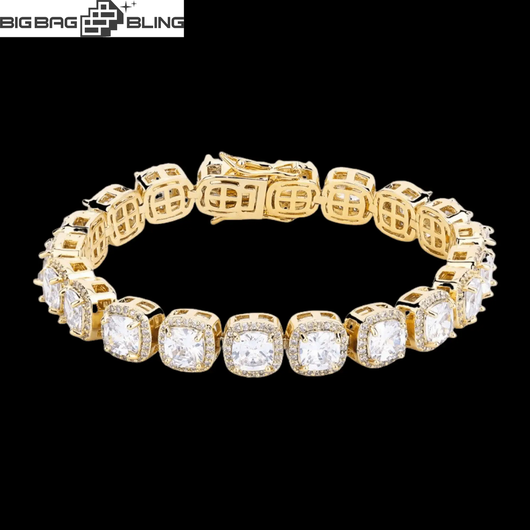 10mm iced out bracelet featuring Moissanite stones in a bold gold design, perfect for hip-hop jewelry enthusiasts.