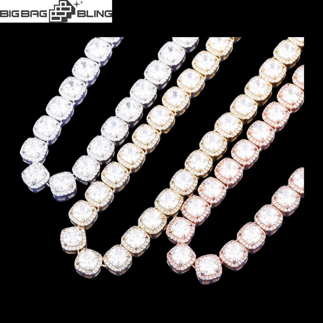 10mm iced out square tennis chains and bracelet in various colors featuring high-quality Moissanite stones.
