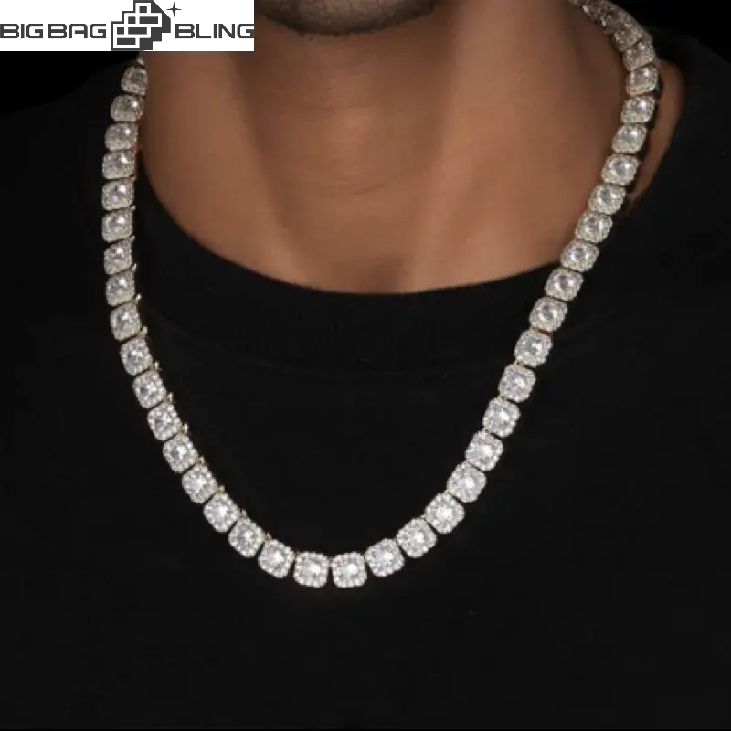 10mm iced out square tennis chain in white gold, featuring high-quality Moissanite stones, worn on a model.