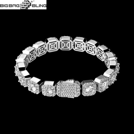 10mm iced out square tennis bracelet in white gold with Moissanite stones, premium hip hop jewelry for bold fashion.