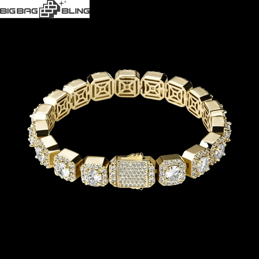 10mm iced out gold bracelet with Moissanite stones, perfect for hip hop fashion enthusiasts.