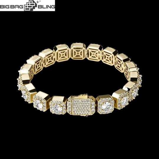 10mm iced out gold bracelet with Moissanite stones, perfect for hip hop fashion enthusiasts.