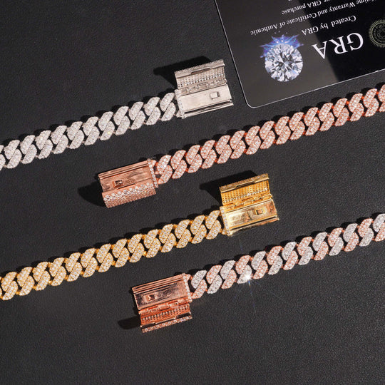 10mm S925 Silver Moissanite  3-Row Rhombus Cuban chains with Raised Triple Stones