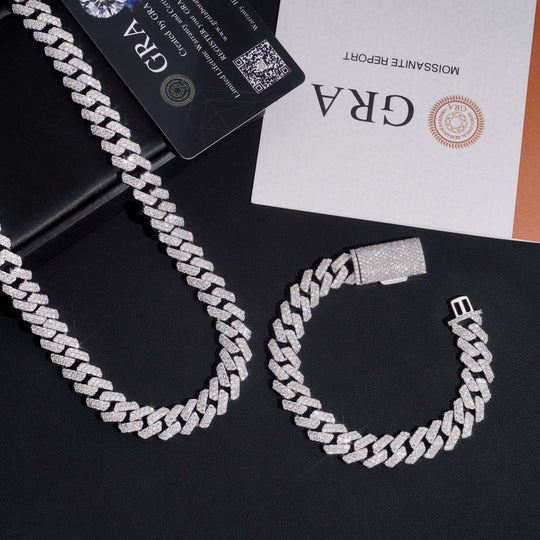 12mm S925 Silver 2 Row  Moissanite Rhombus  Cuban Chains Style 2