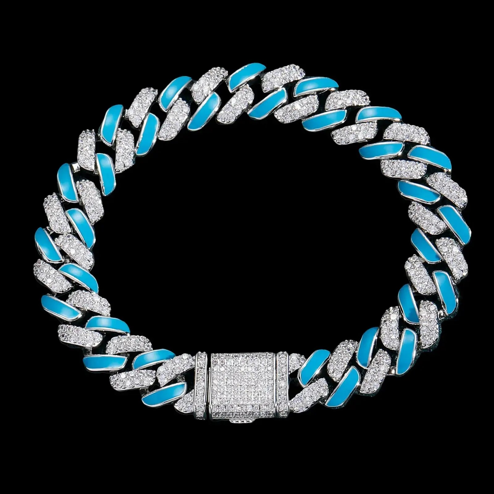 12mm Iced Out Blue Drip Enamel Cuban Bracelet & Chains BigBagBling