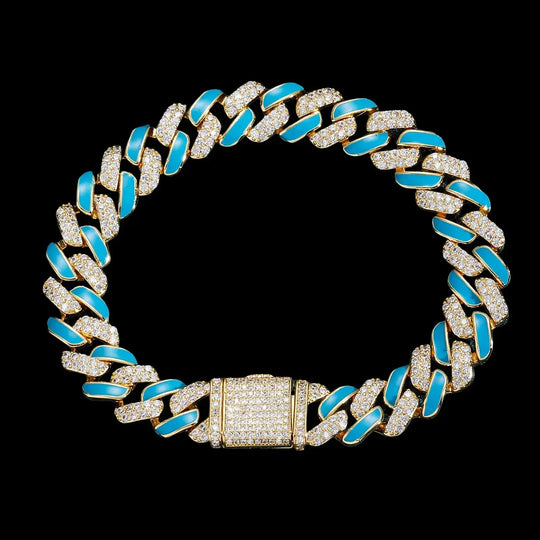 12mm Iced Out Blue Drip Enamel Cuban Bracelet & Chains BigBagBling