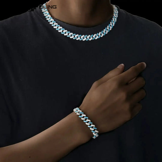 12mm Iced Out Blue Drip Enamel Cuban Bracelet & Chains BigBagBling