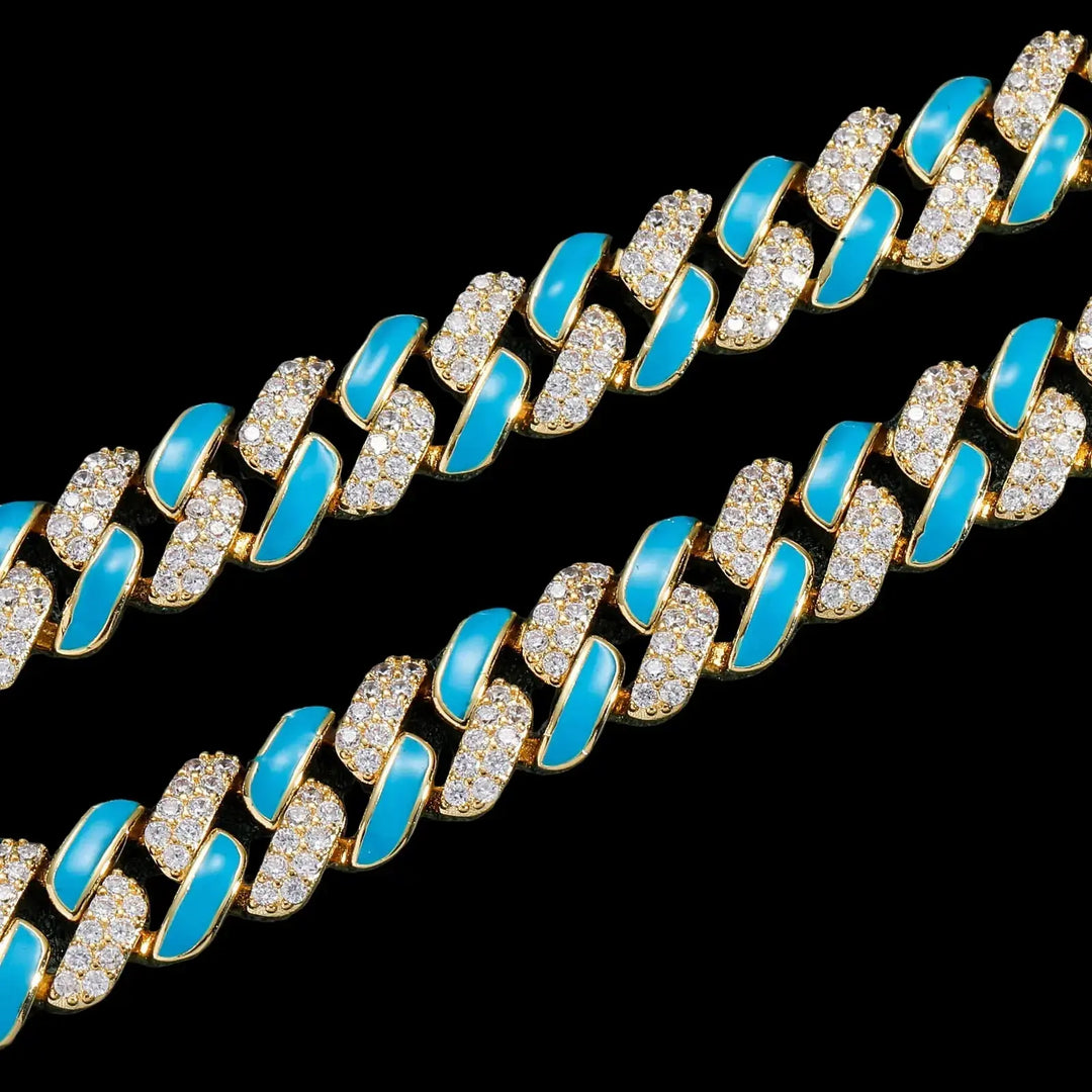 12mm Iced Out Blue Drip Enamel Cuban Bracelet & Chains BigBagBling