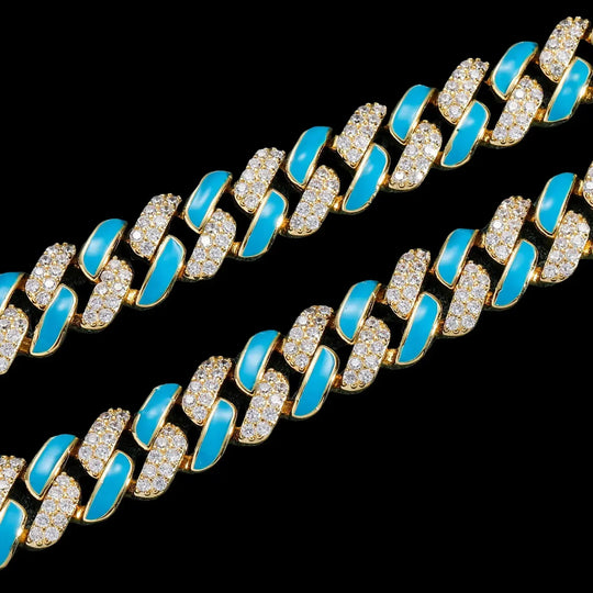 12mm Iced Out Blue Drip Enamel Cuban Bracelet & Chains BigBagBling