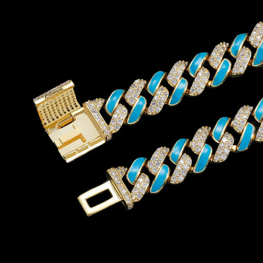 12mm Iced Out Blue Drip Enamel Cuban Bracelet & Chains BigBagBling