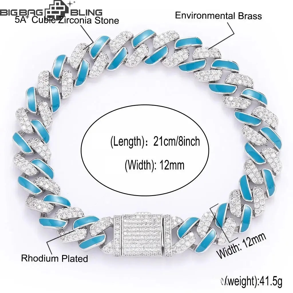 12mm Iced Out Blue Drip Enamel Cuban Bracelet & Chains BigBagBling