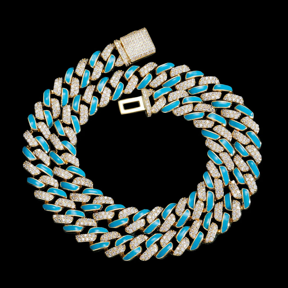 12mm Iced Out Blue Drip Enamel Cuban Bracelet & Chains BigBagBling