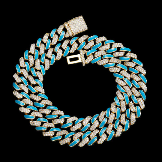 12mm Iced Out Blue Drip Enamel Cuban Bracelet & Chains BigBagBling