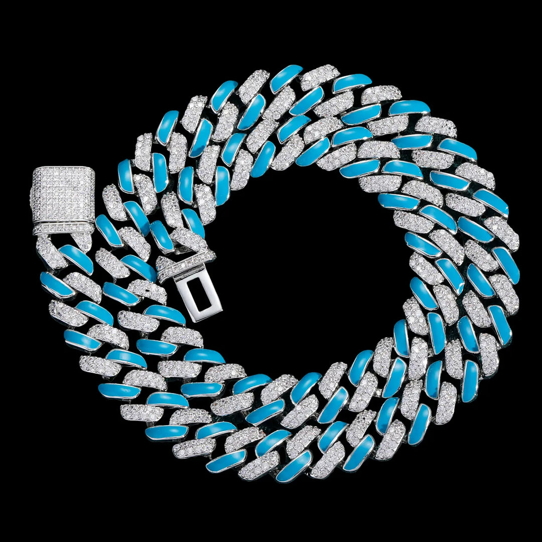 12mm Iced Out Blue Drip Enamel Cuban Bracelet & Chains BigBagBling