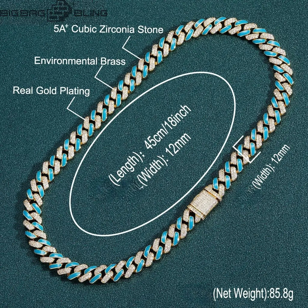 12mm Iced Out Blue Drip Enamel Cuban Bracelet & Chains BigBagBling