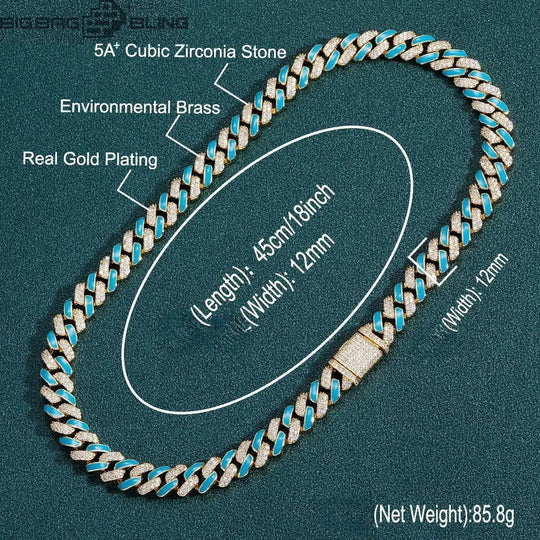 12mm Iced Out Blue Drip Enamel Cuban Bracelet & Chains BigBagBling