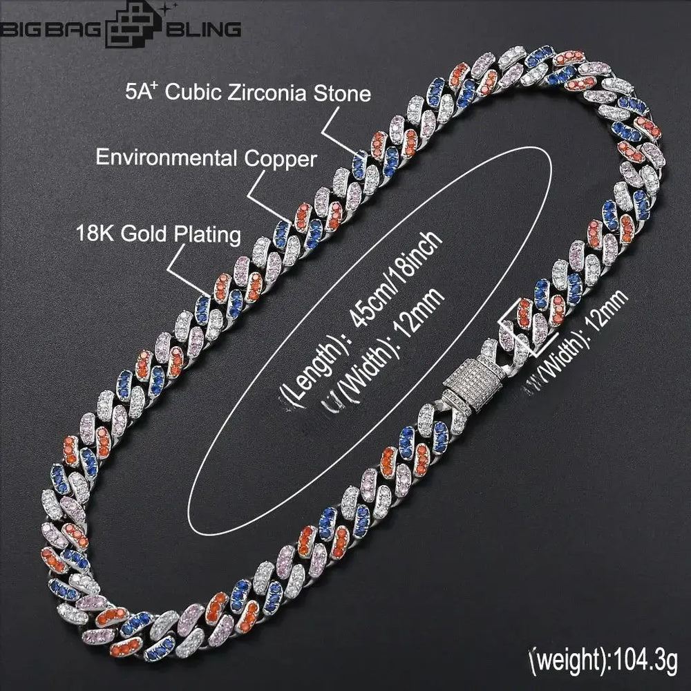 12mm Iced Out Multicolor Cuban Bracelet & Chains BigBagBling
