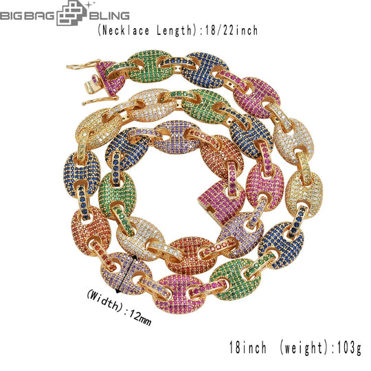 12mm Iced Out Multicolor G-Link Cuban Chain BigBagBling