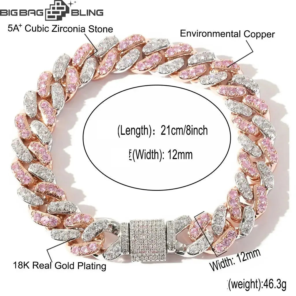 12mm Iced Out Pink  Cuban Bracelet & Chains BigBagBling
