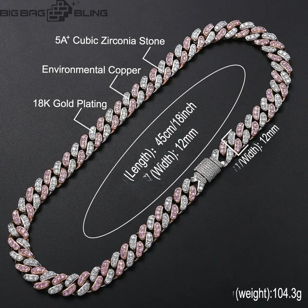 12mm Iced Out Pink  Cuban Bracelet & Chains BigBagBling