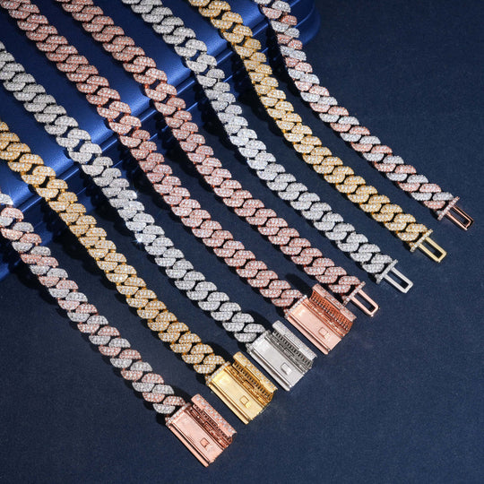 10mm S925 Silver Moissanite  3-Row Rhombus Cuban chains with Raised Triple Stones