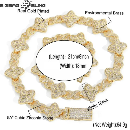 18mm Iced Out Four-leaf Clover Cuban Bracelet & Chains BigBagBling
