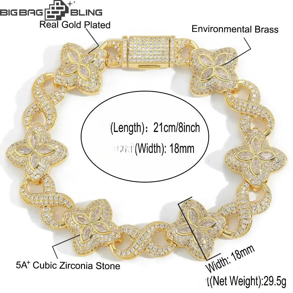 18mm Iced Out Four-leaf Clover Cuban Bracelet & Chains BigBagBling