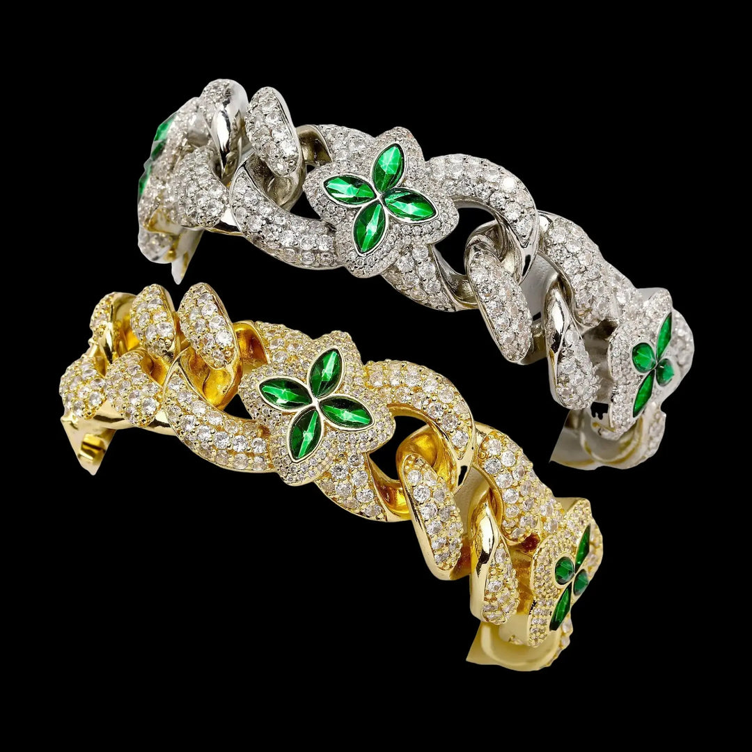 20mm Iced Out Four-leaf Clover Cuban Chains&Bracelet in White Gold BigBagBling