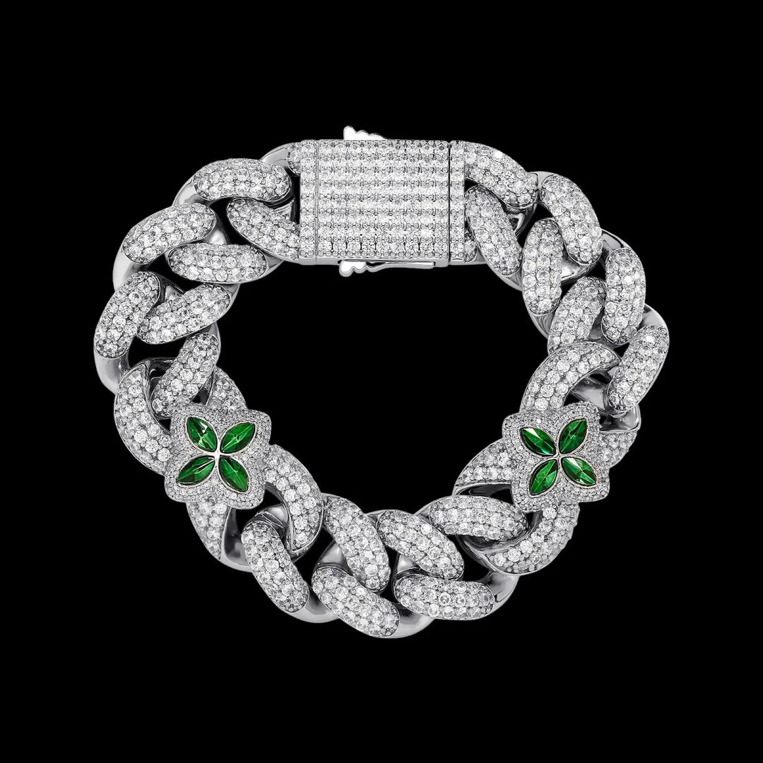 20mm Iced Out Four-leaf Clover Cuban Chains&Bracelet in White Gold BigBagBling