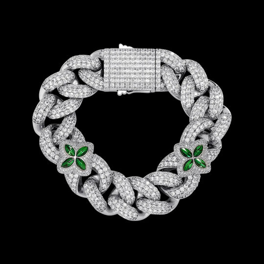 20mm Iced Out Four-leaf Clover Cuban Chains&Bracelet in White Gold BigBagBling