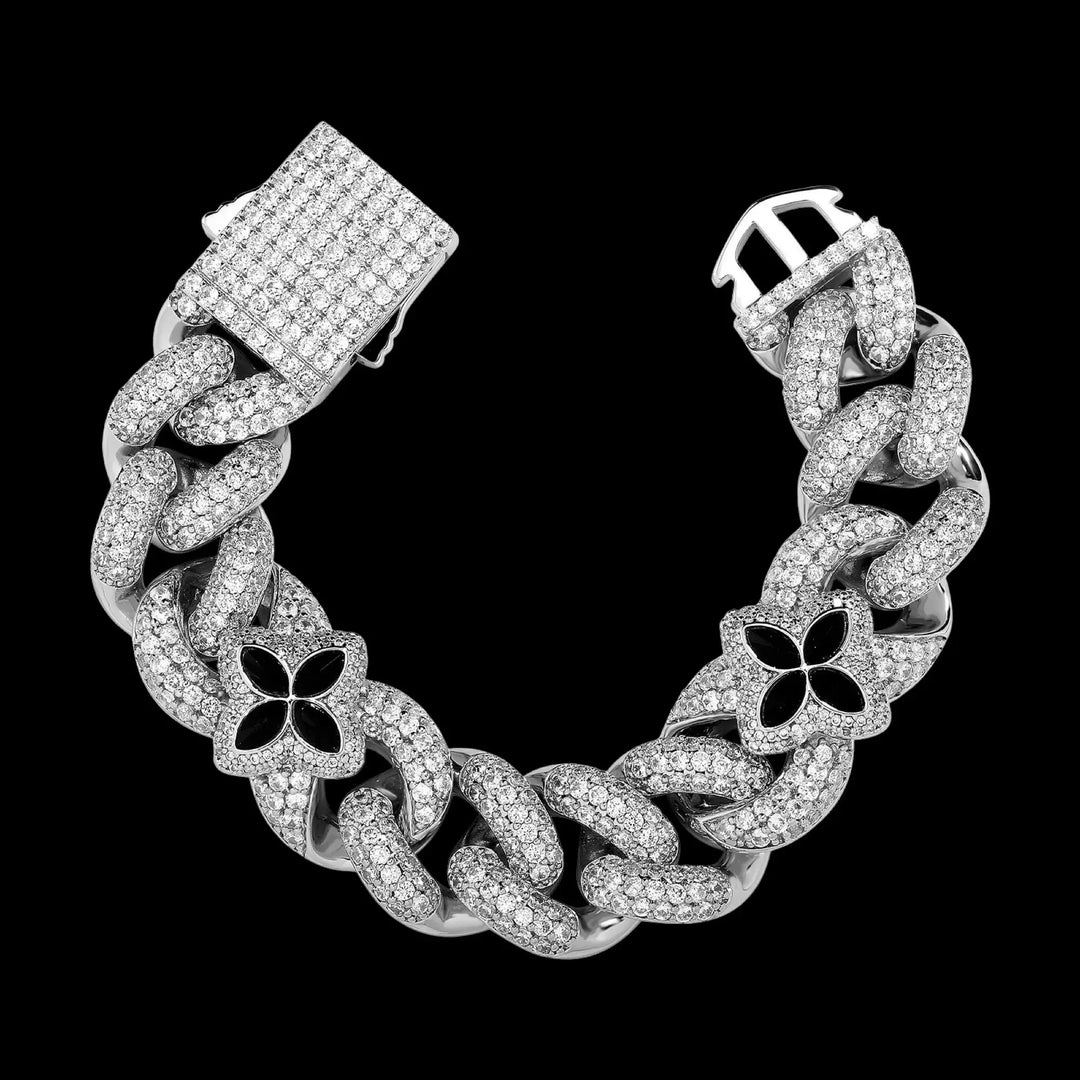 20mm Iced Out Four-leaf Clover Cuban Chains&Bracelet in White Gold BigBagBling