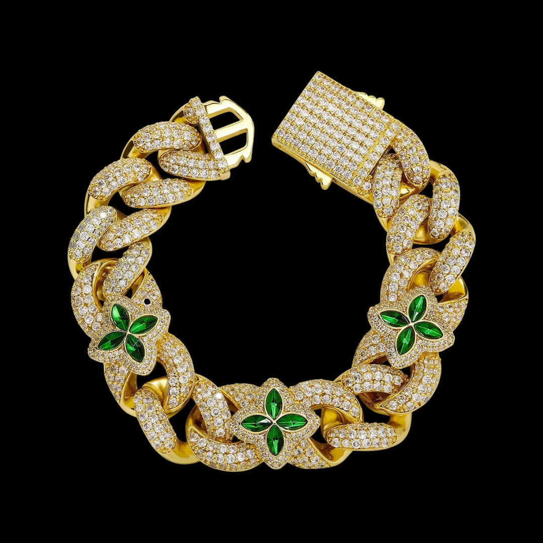 20mm Iced Out Four-leaf Clover Cuban Chains&Bracelet in White Gold BigBagBling