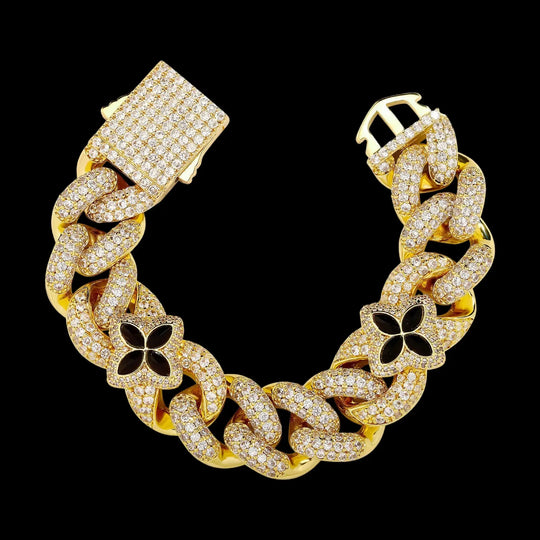 20mm Iced Out Four-leaf Clover Cuban Chains&Bracelet in White Gold BigBagBling