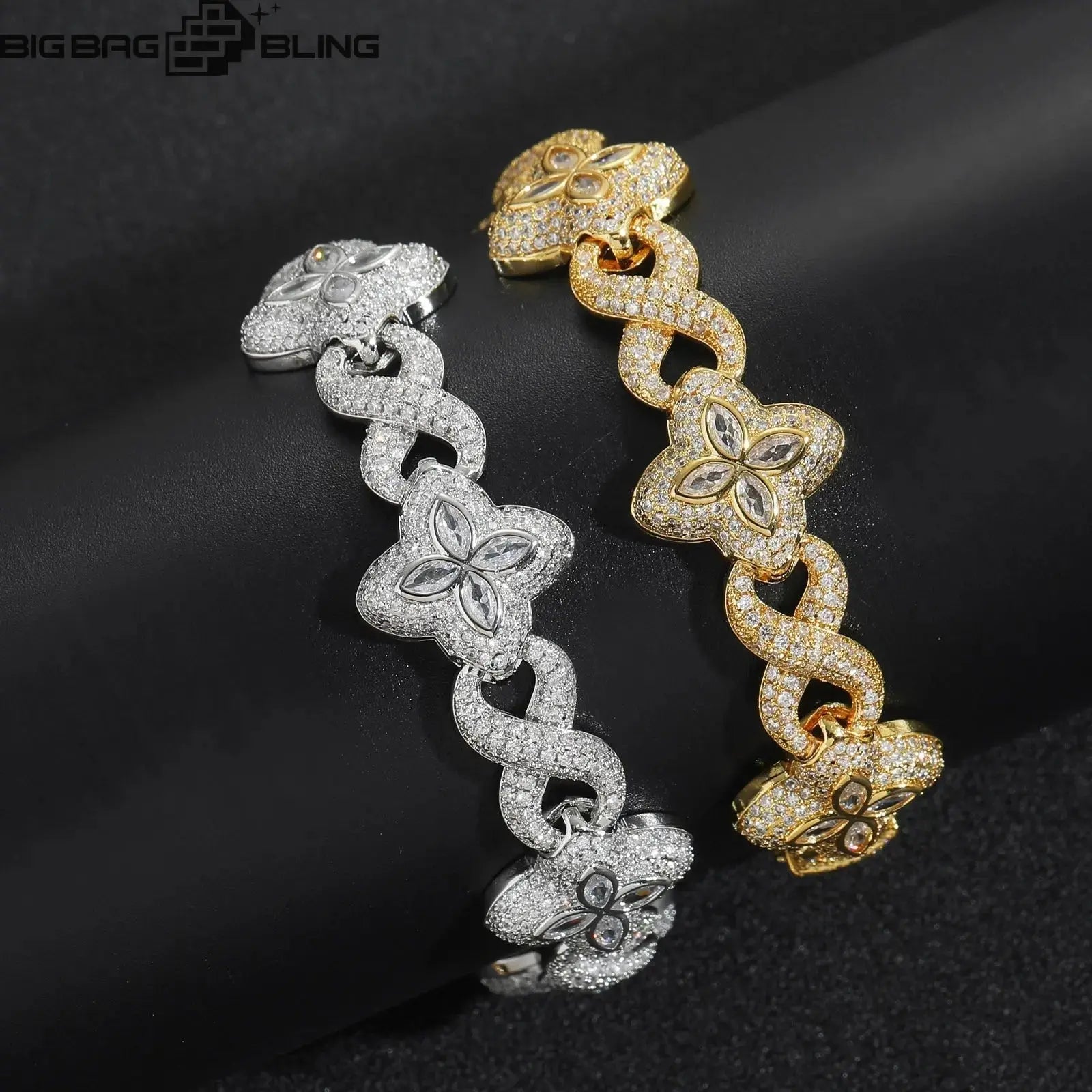 18mm Iced Out Four-leaf Clover Cuban Chains&Bracelet in White Gold BigBagBling