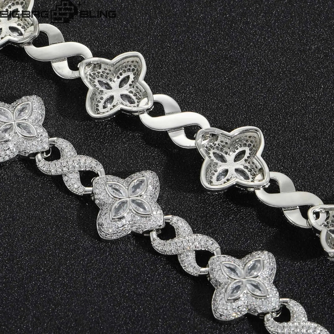 18mm Iced Out Four-leaf Clover Cuban Chains&Bracelet in White Gold BigBagBling