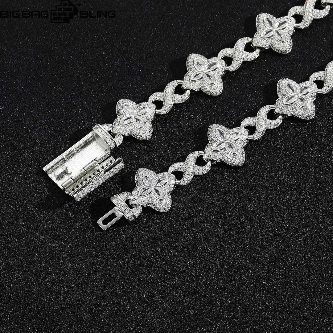 18mm Iced Out Four-leaf Clover Cuban Chains&Bracelet in White Gold BigBagBling