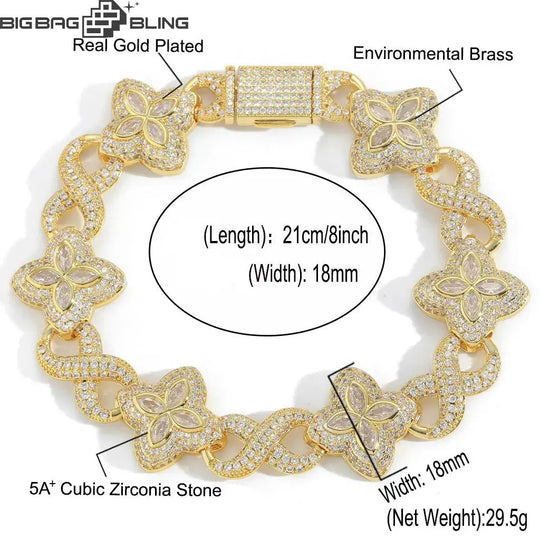 18mm Iced Out Four-leaf Clover Cuban Chains&Bracelet in White Gold BigBagBling