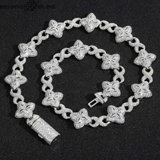 18mm Iced Out Four-leaf Clover Cuban Chains in White Gold BigBagBling
