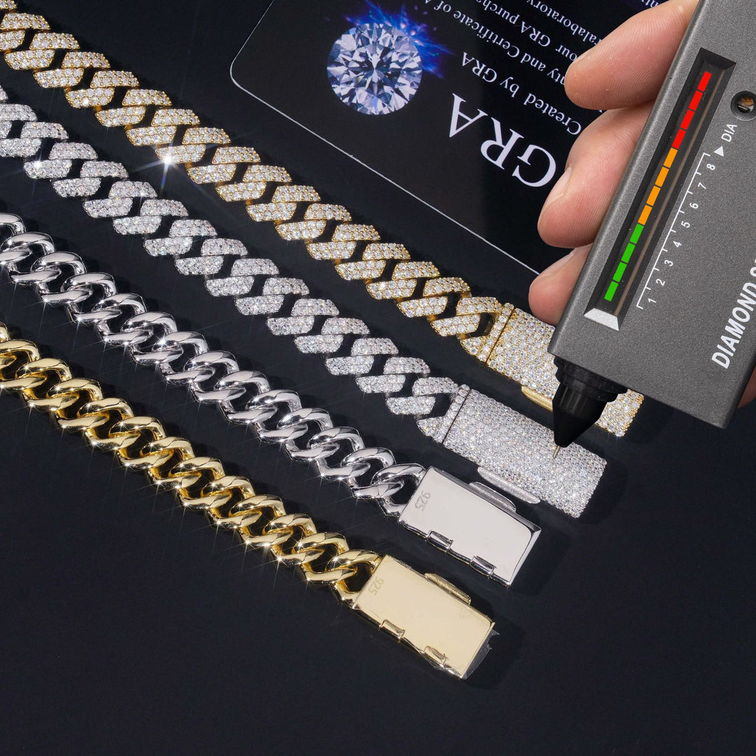 Bracelet cubain et chaînes en argent 925, 10 mm, 2 rangs, moissanite