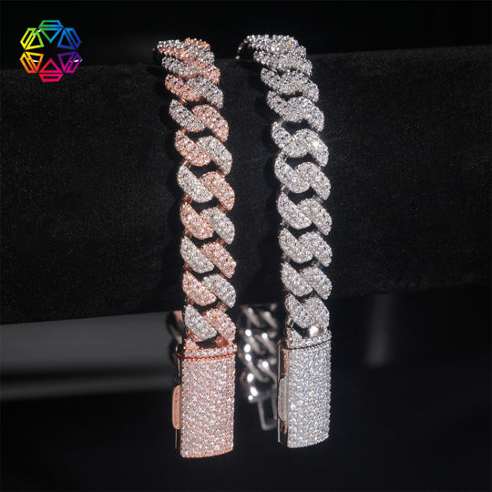 Bracelet cubain et chaînes en argent 925, 8 mm, 2 rangs, moissanite