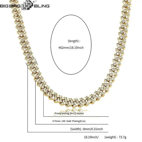8mm Iced out 18k Gold Plated Cuban Chain in White Gold BigBagBling