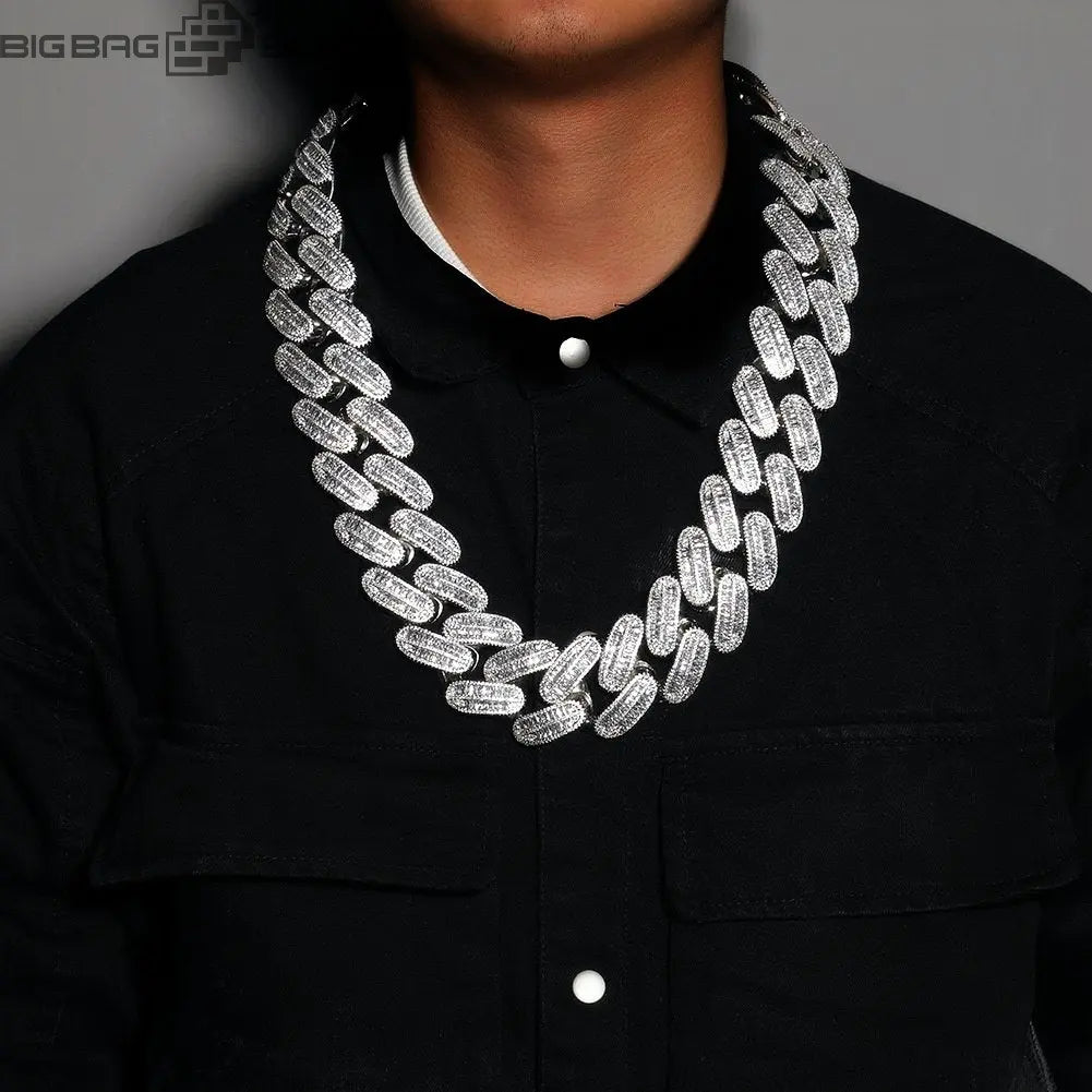 26mm Iced out Baguette Cuban Chain & Bracelet in White Gold BigBagBling