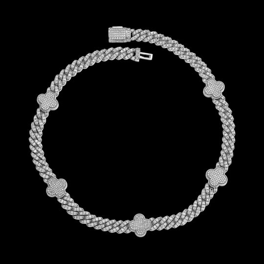 5mm Iced  Four Leaf Clover Cuban Bracelet & chain in White Gold BigBagBling