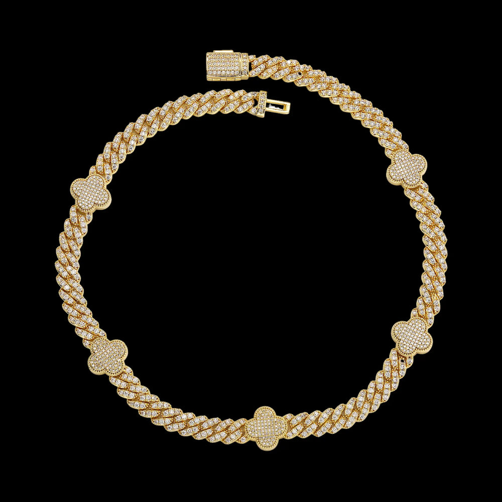 5mm Iced  Four Leaf Clover Cuban Bracelet & chain in White Gold BigBagBling