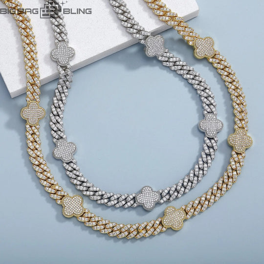 5mm Iced  Four Leaf Clover Cuban Bracelet & chain in White Gold  BigBagBling