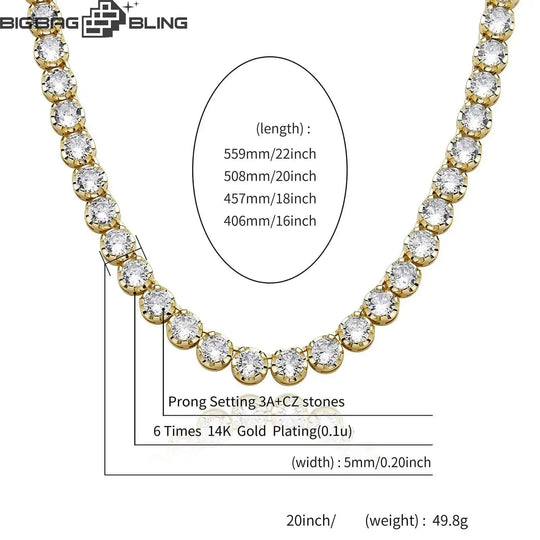 5mm iced out round tennis chain in white gold with CZ stones, showcasing premium design and craftsmanship.